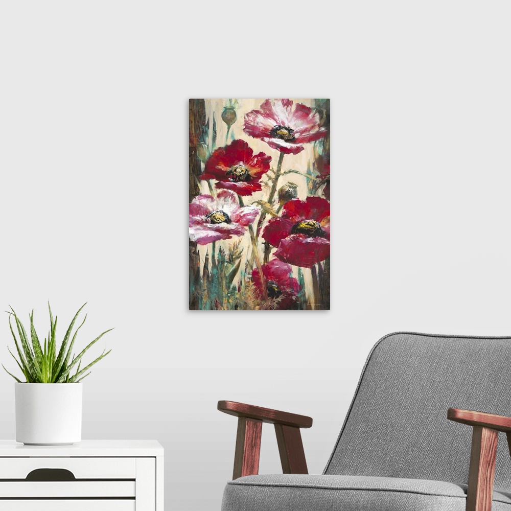A modern room featuring Contemporary painting of vibrant red poppy flowers.