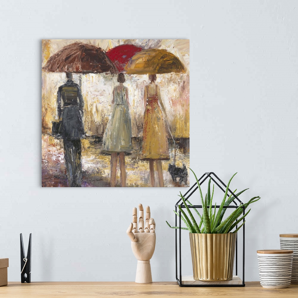A bohemian room featuring Contemporary painting of people walking with umbrellas through rain.