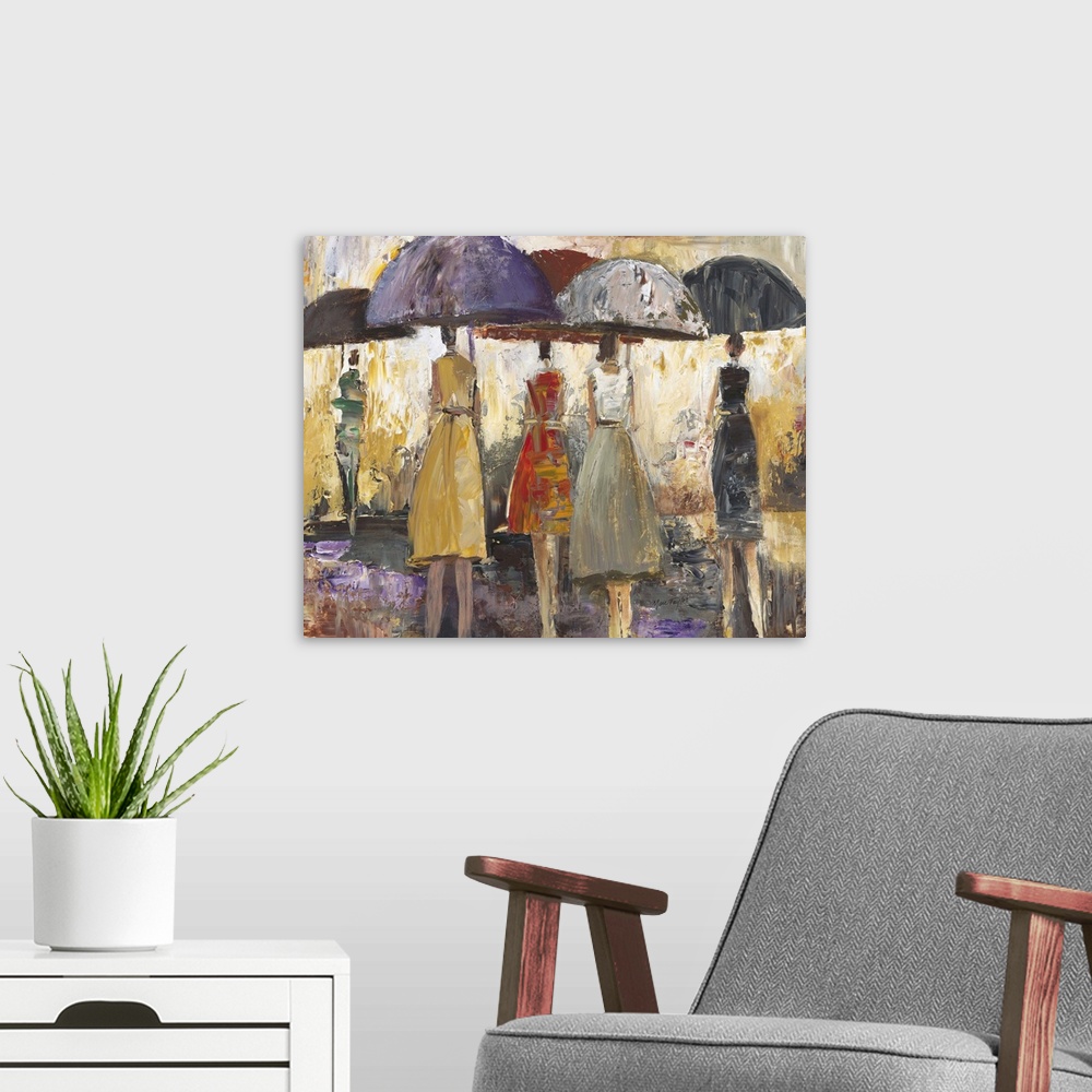 A modern room featuring Contemporary painting of people walking with umbrellas through rain.