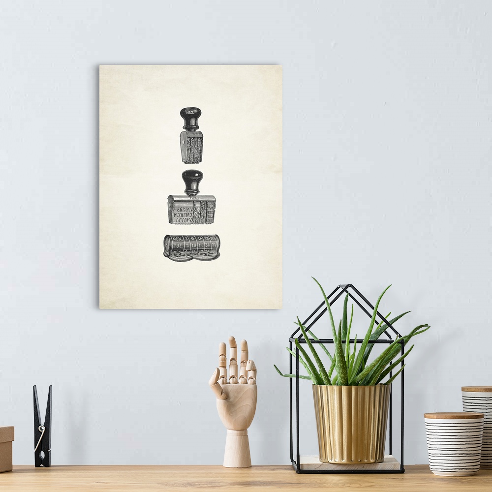A bohemian room featuring Black and white illustrations of vintage stamps on a sepia toned background.