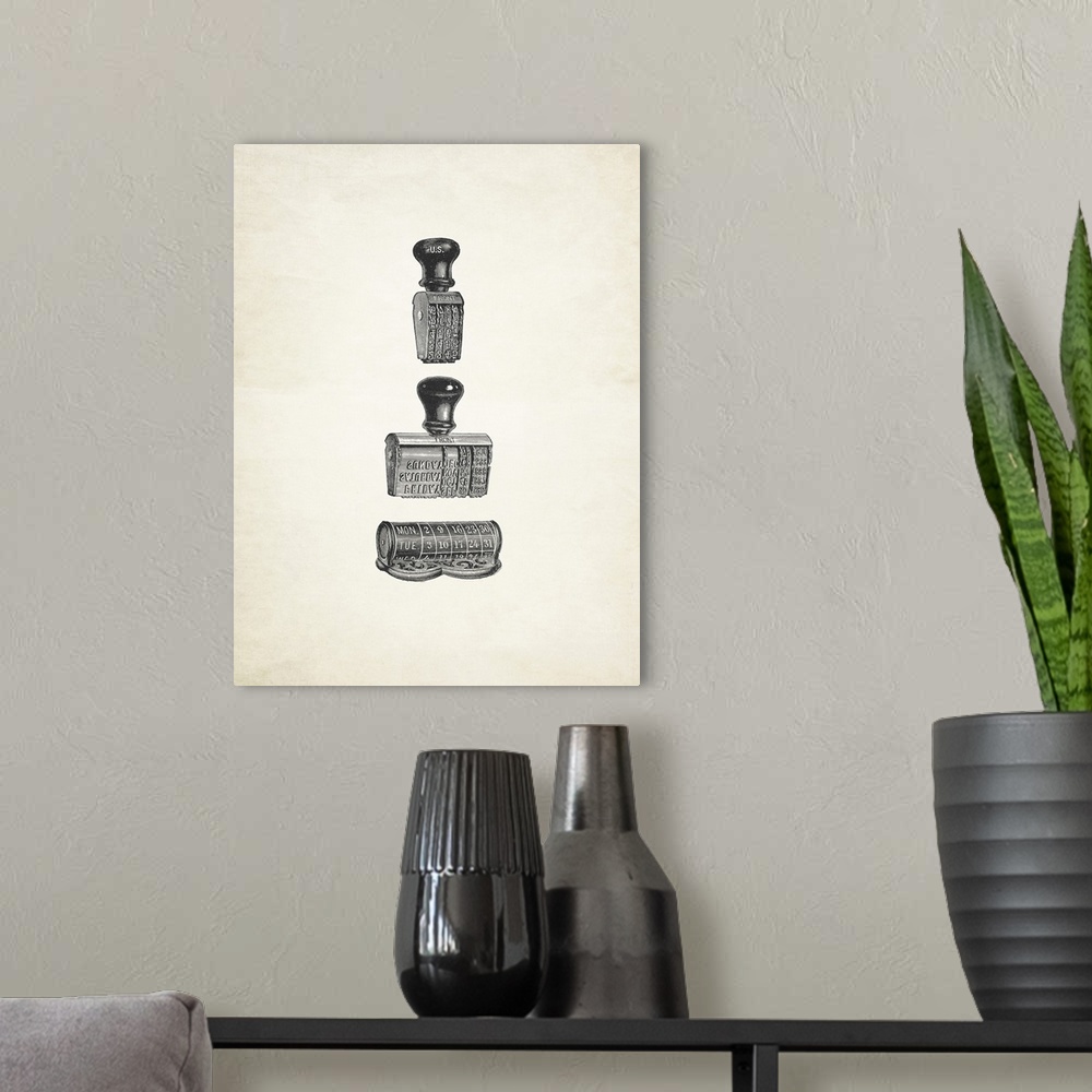 A modern room featuring Black and white illustrations of vintage stamps on a sepia toned background.