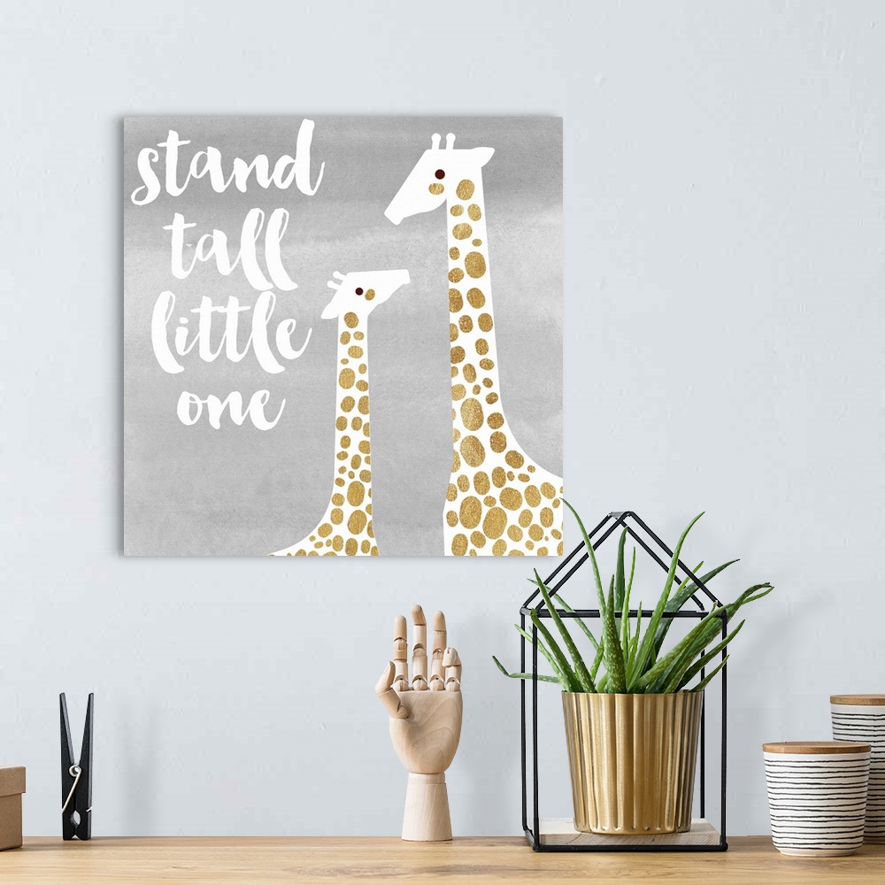 A bohemian room featuring Watercolor illustration of a mother and baby giraffe with "stand tall little one" in handlettered...