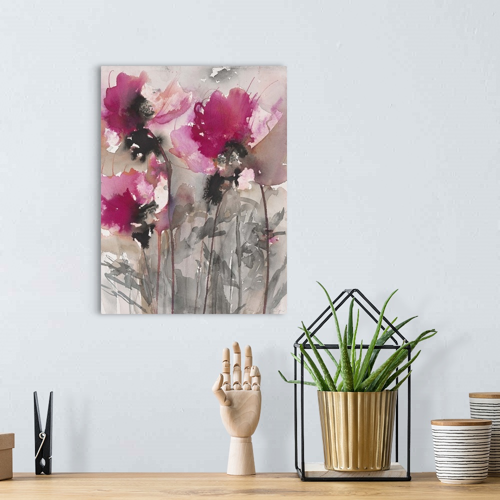 A bohemian room featuring Contemporary artwork of watercolor flowers with vibrant colors.