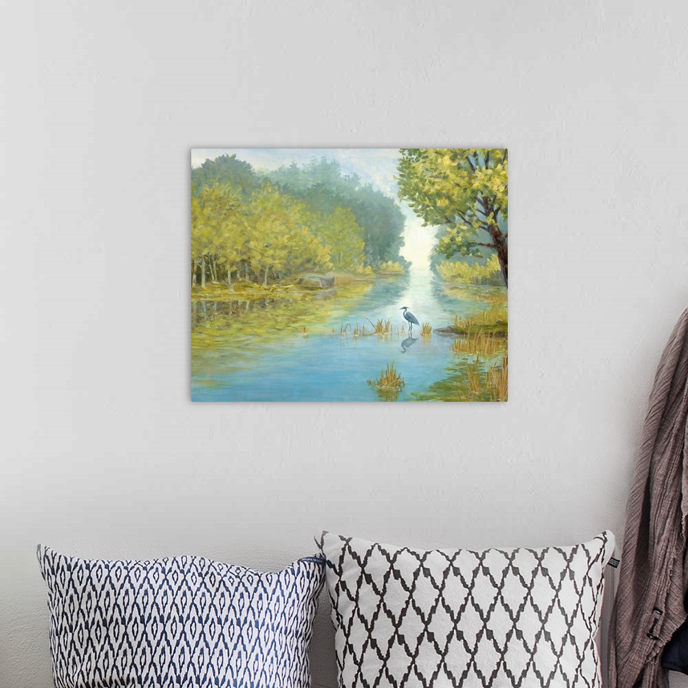 A bohemian room featuring Painting of a herons standing in a shallow river in a forest landscape.