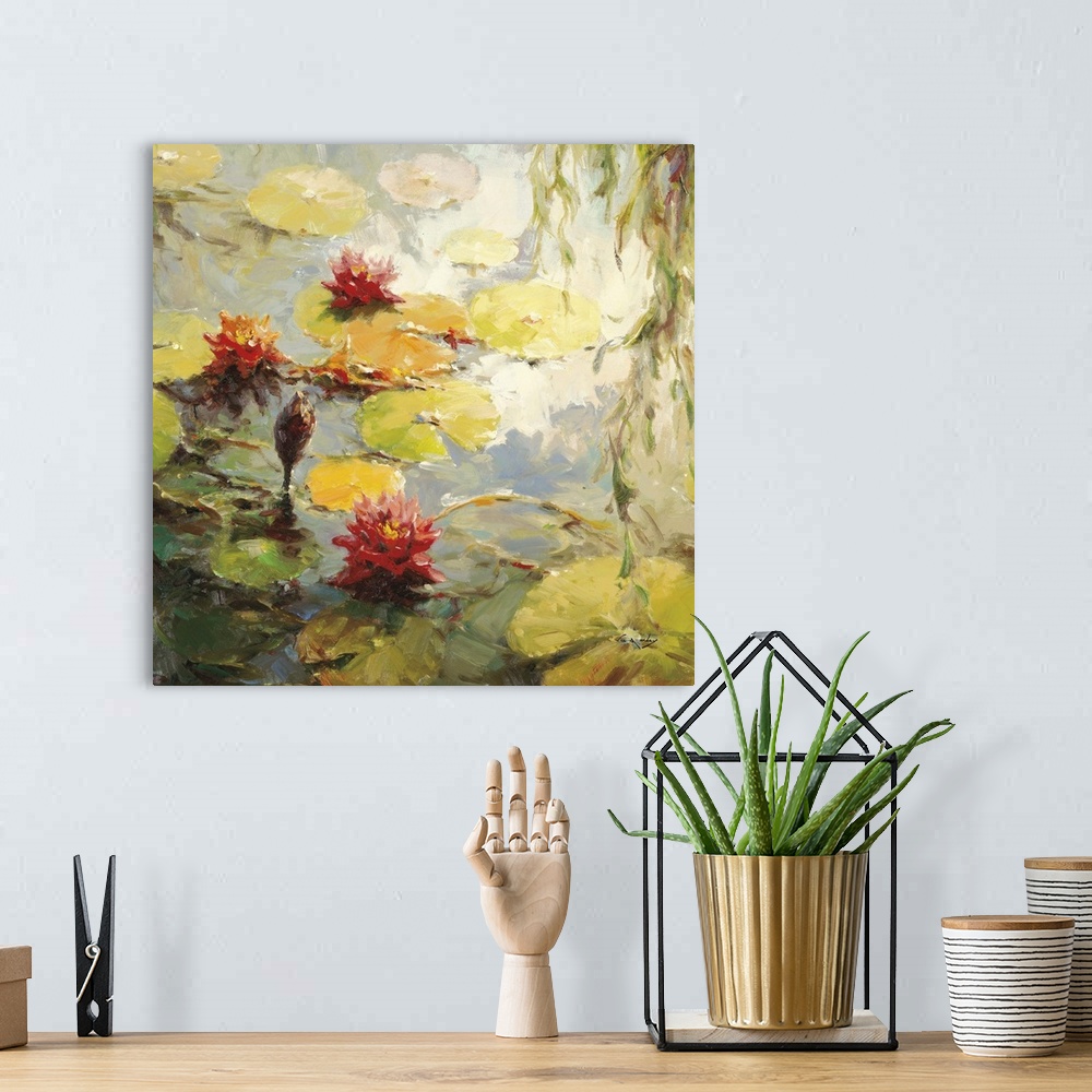 A bohemian room featuring Contemporary painting of several water lilies and lily pads floating in a pond.