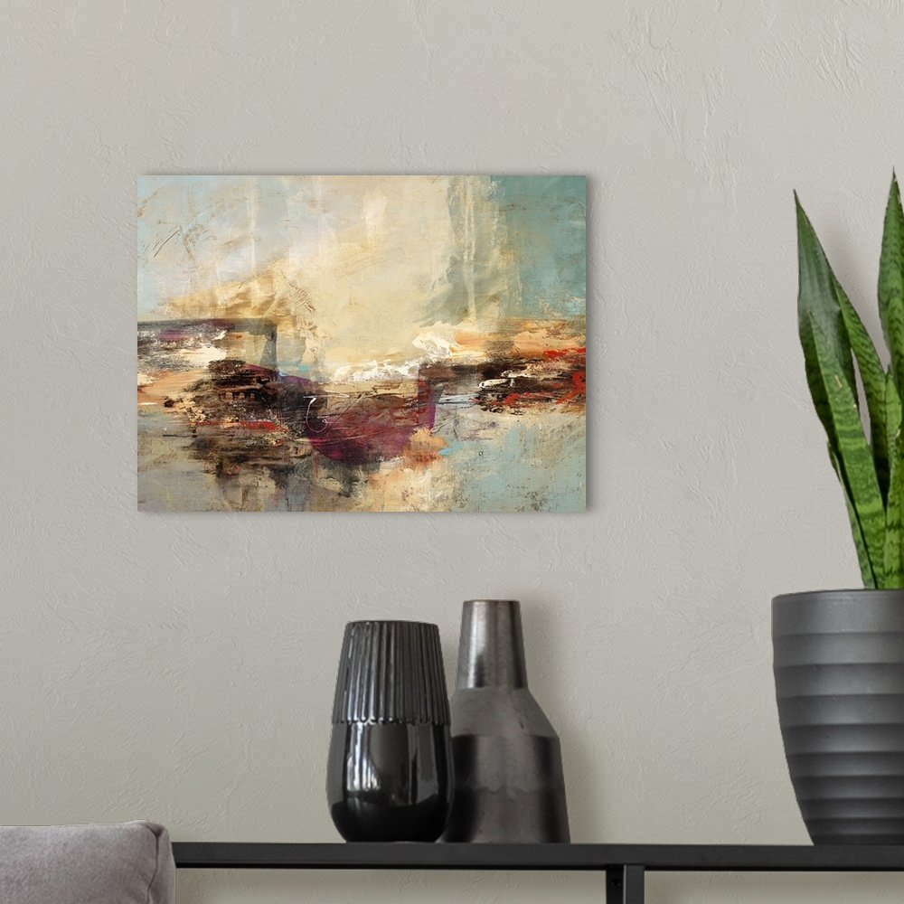 A modern room featuring Contemporary abstract art print in rusty shades of orange and red with heavy brush textures.