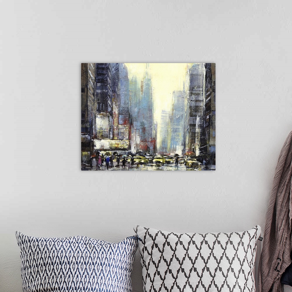 A bohemian room featuring Contemporary cityscape painting with taxicabs and skyscrapers.