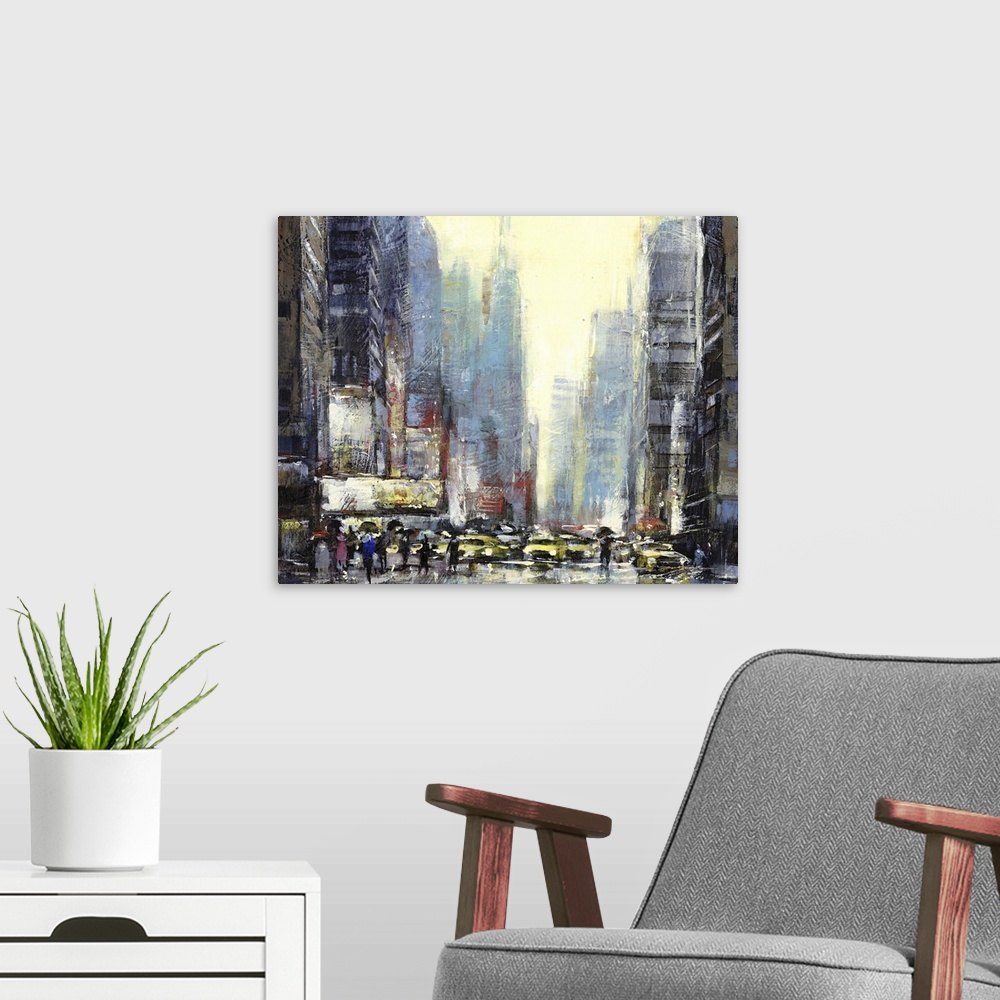 A modern room featuring Contemporary cityscape painting with taxicabs and skyscrapers.