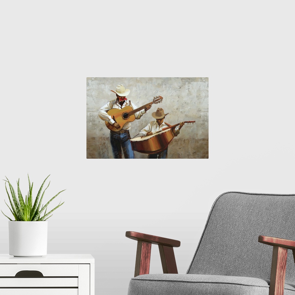A modern room featuring Painting of two musicians playing instruments and wearing cowboy hats against a gray background.