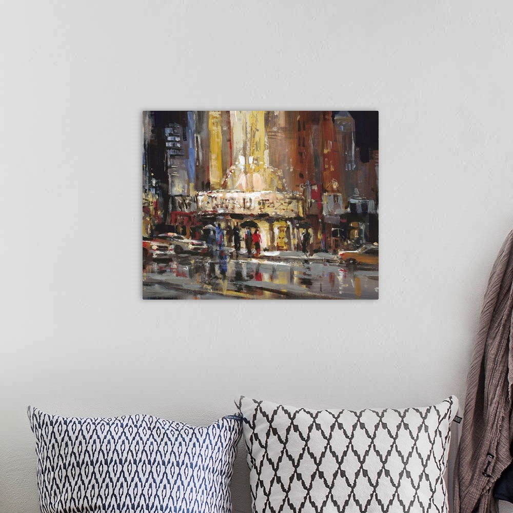 A bohemian room featuring Contemporary painting of a city street with people casting reflections in puddles.