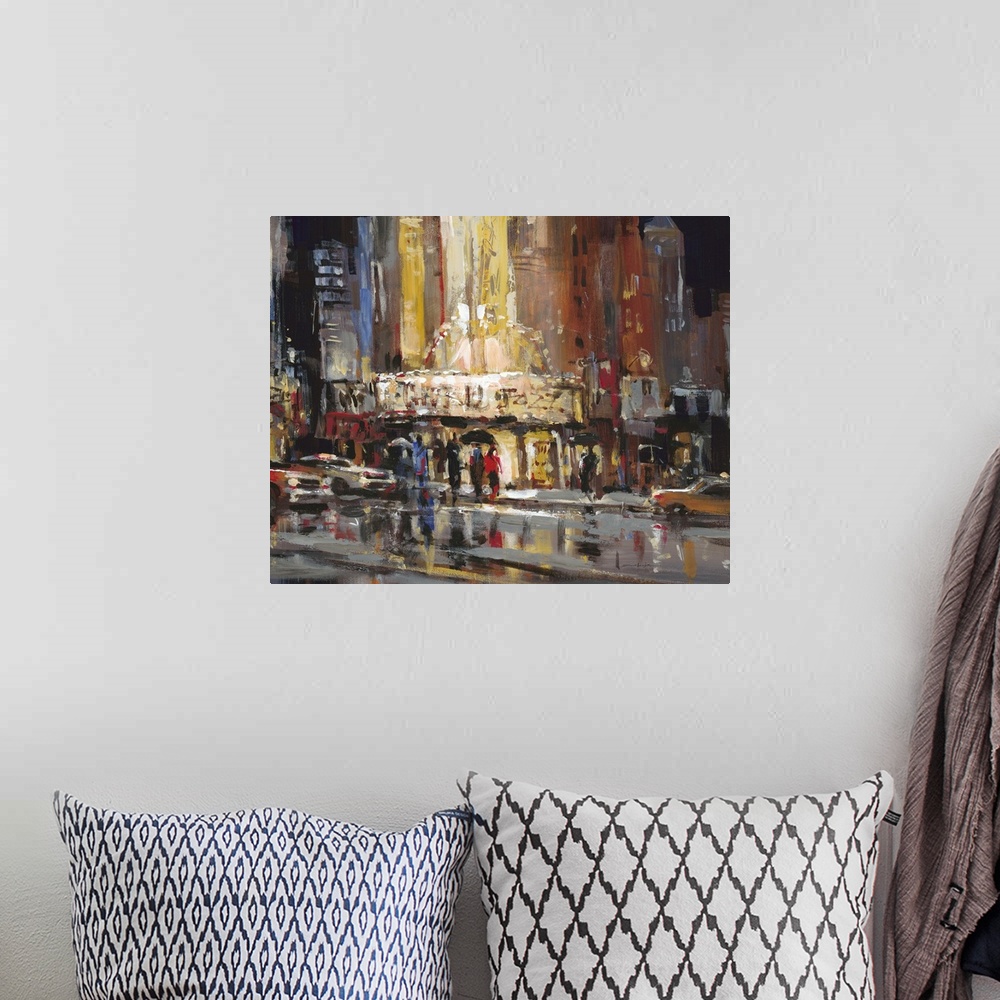 A bohemian room featuring Contemporary painting of a city street with people casting reflections in puddles.