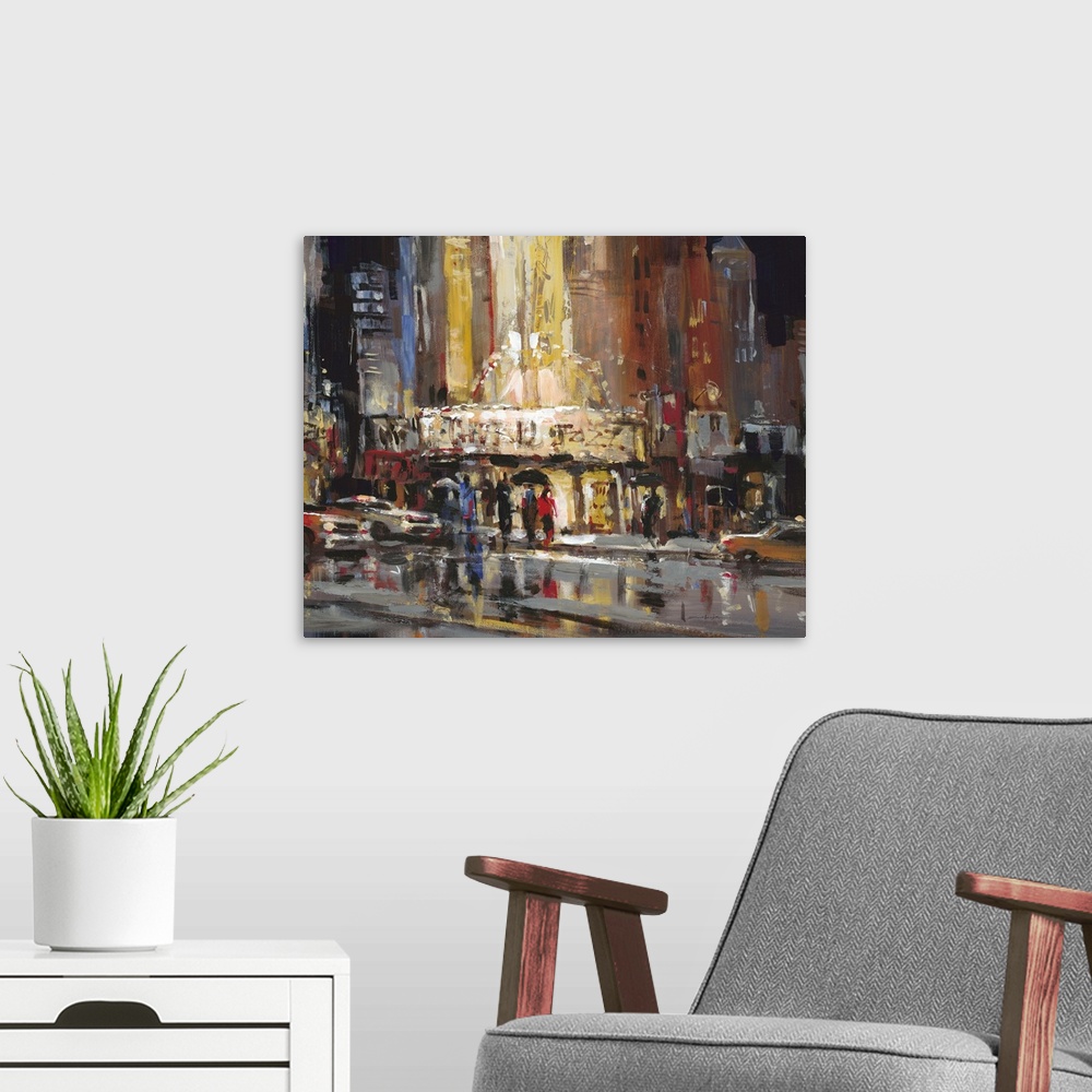 A modern room featuring Contemporary painting of a city street with people casting reflections in puddles.