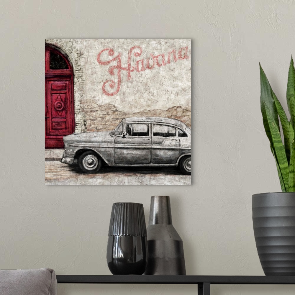 A modern room featuring Square decor of an illustrated street scene in Havana, Cuba with a vintage car, red door, and wal...