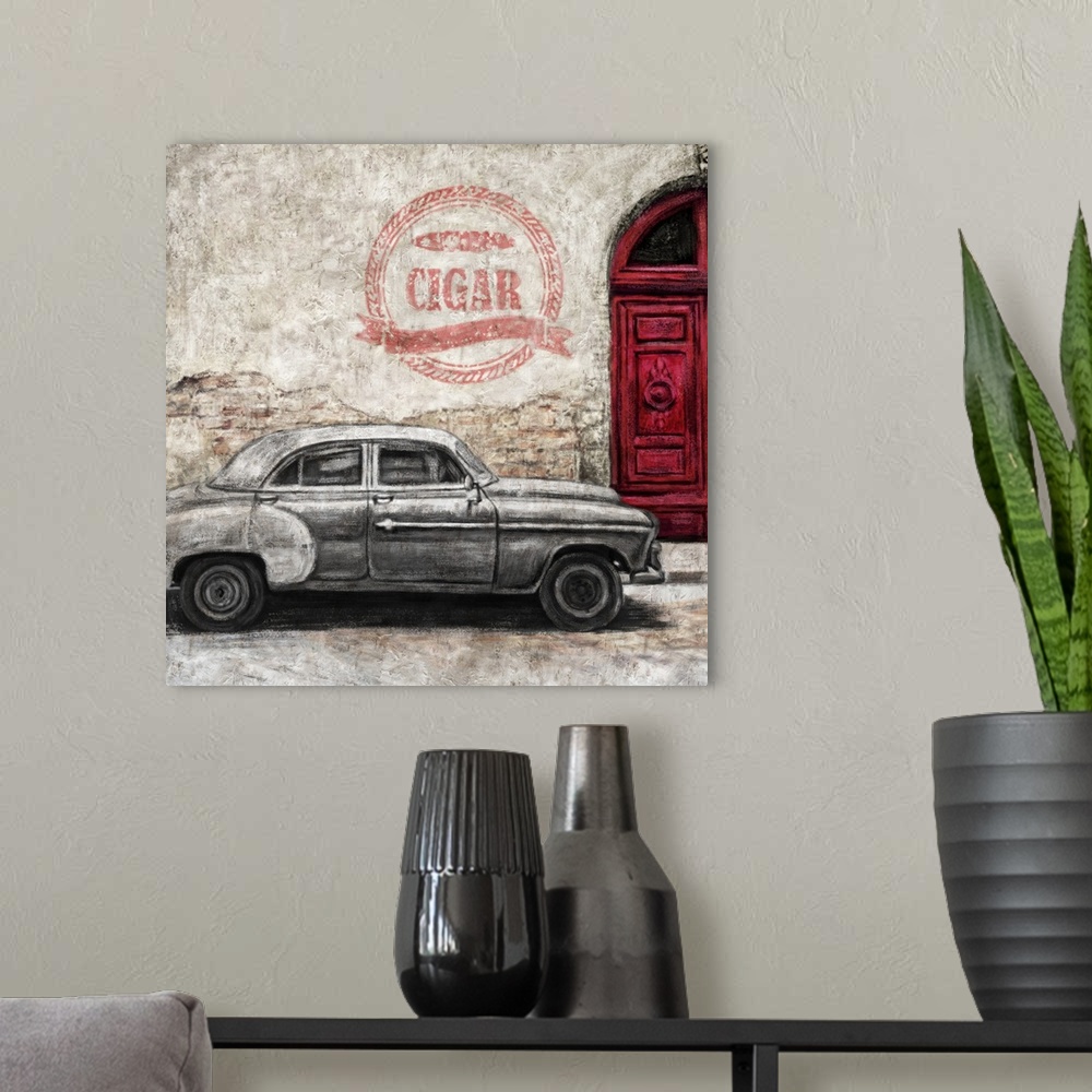 A modern room featuring Square decor of an illustrated street scene in Havana, Cuba with a vintage car, red door, and wal...