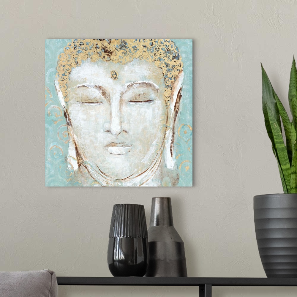 A modern room featuring Illustration of the face of Buddha with closed eyes, with golden details.