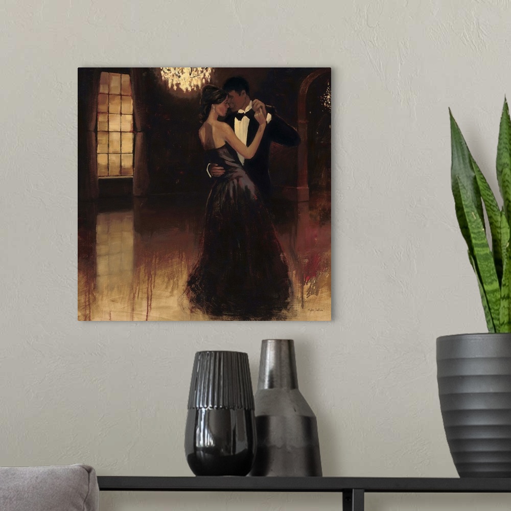 A modern room featuring Contemporary painting of a couple dancing the waltz under a fancy chandelier.