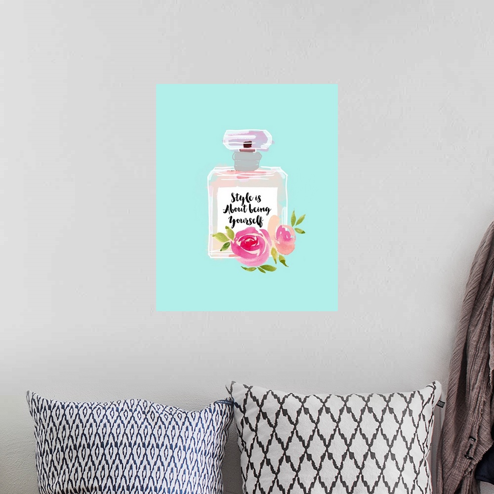 A bohemian room featuring Illustration of a perfume bottle with roses and the quote "Style is About Being Yourself" written...