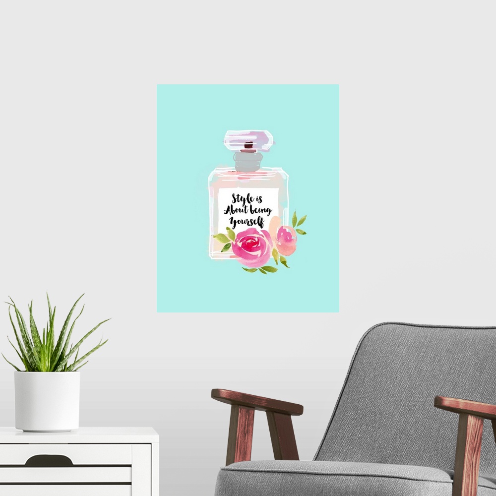 A modern room featuring Illustration of a perfume bottle with roses and the quote "Style is About Being Yourself" written...