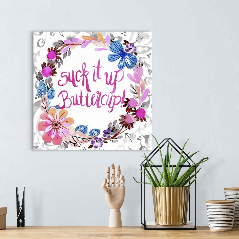 A bohemian room featuring Watercolor flower wreath with humorous hand-lettered text.