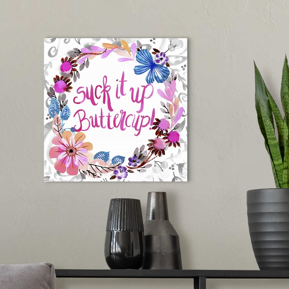 A modern room featuring Watercolor flower wreath with humorous hand-lettered text.