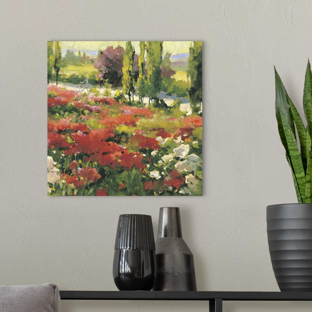 A modern room featuring Contemporary painting of a field of wildflowers in a valley, overlooking a countryside road.