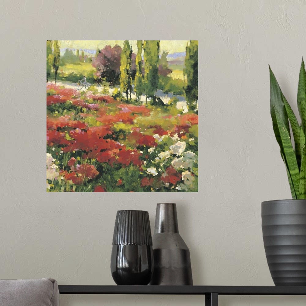 A modern room featuring Contemporary painting of a field of wildflowers in a valley, overlooking a countryside road.