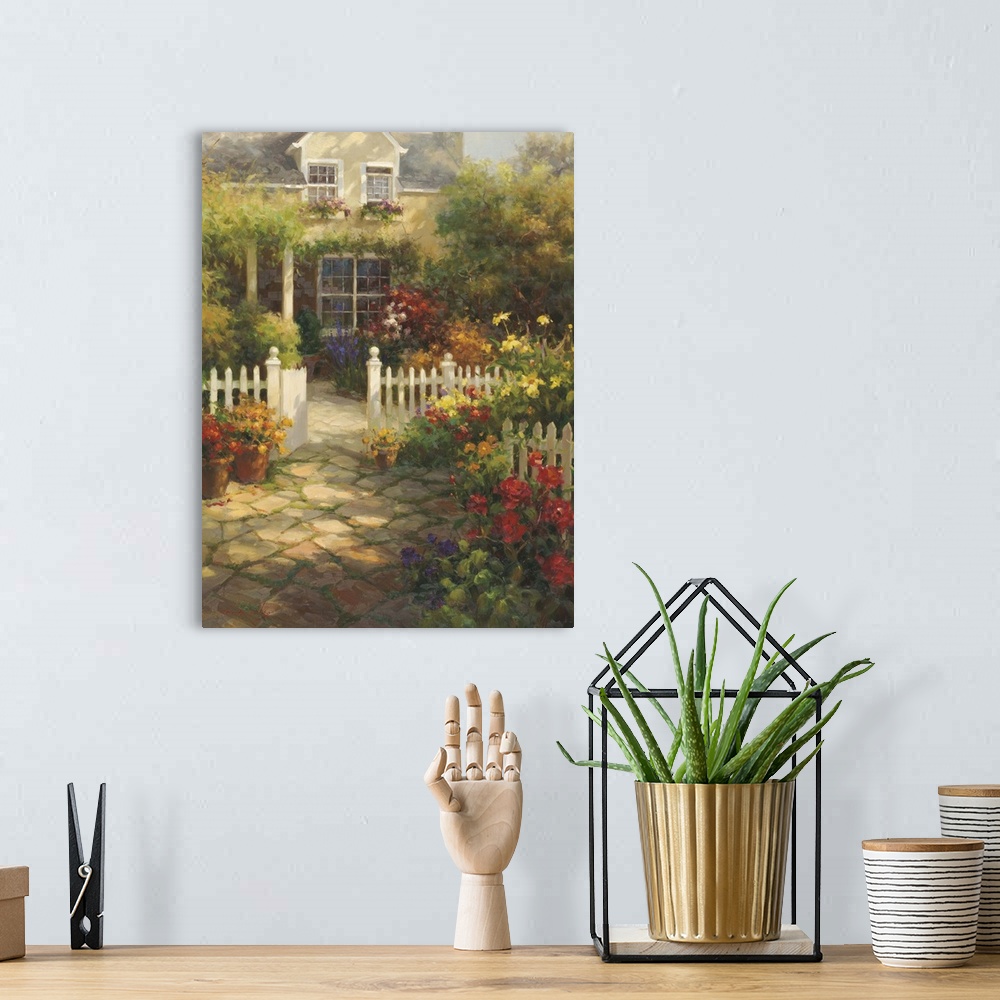 A bohemian room featuring Tranquil painting of a shady cobblestone path leading to a house, lined with flowers and a white ...