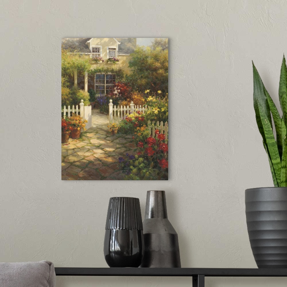 A modern room featuring Tranquil painting of a shady cobblestone path leading to a house, lined with flowers and a white ...