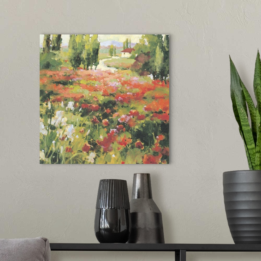 A modern room featuring Contemporary painting of a field of wildflowers in a valley, with a red roofed house in the dista...
