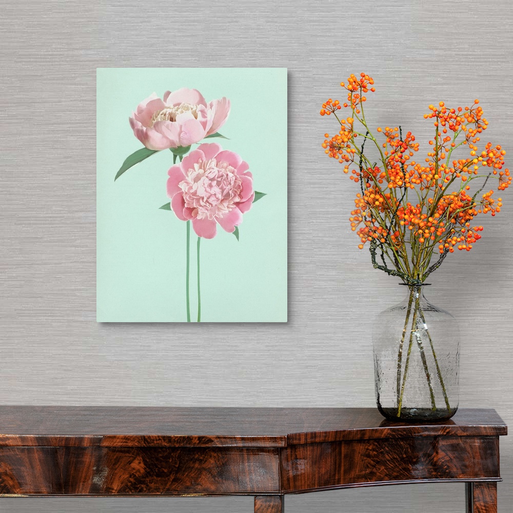 A traditional room featuring Large illustration of two pink peonies with long green stems on a pale blue background.