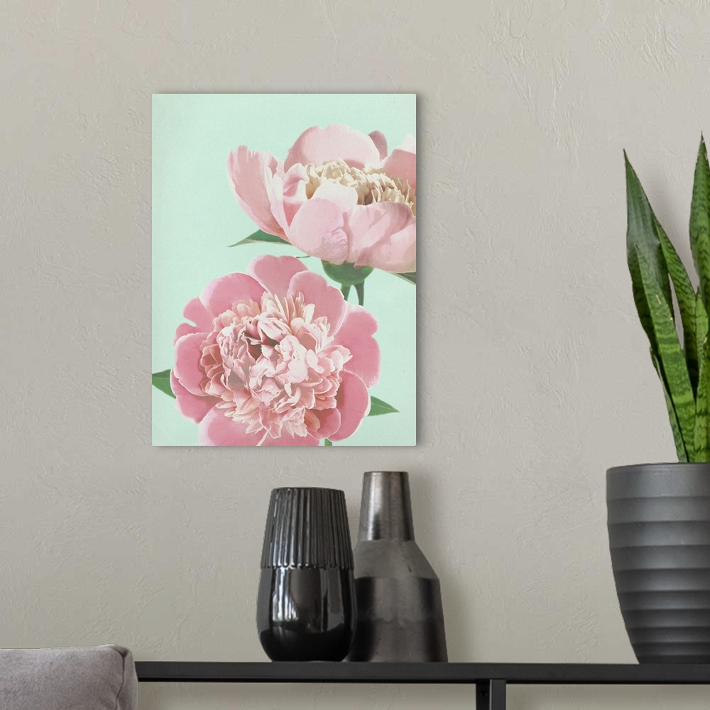 A modern room featuring Large illustration of two pink peonies close up on a pale blue background.