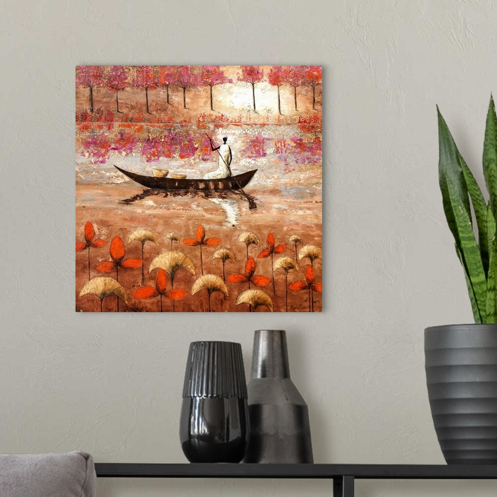 A modern room featuring Contemporary painting of a figure paddling a boat on the river.
