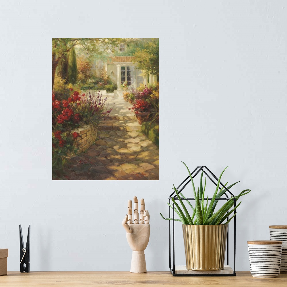 A bohemian room featuring Tranquil painting of a shady cobblestone path leading to a house, lined with flowers.