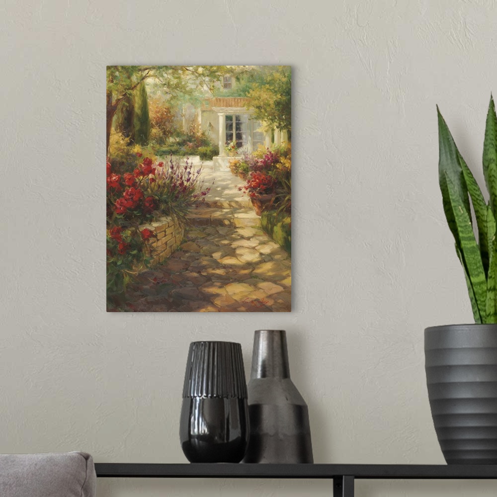 A modern room featuring Tranquil painting of a shady cobblestone path leading to a house, lined with flowers.