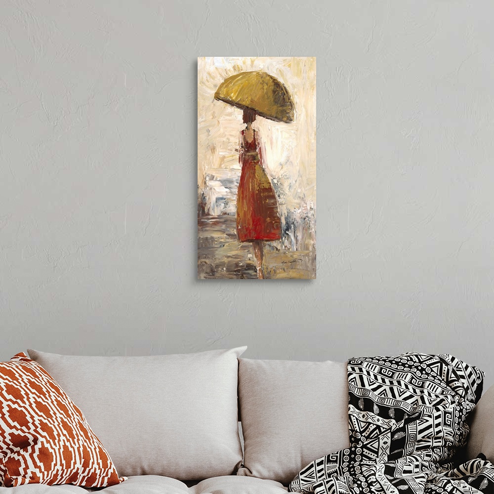 A bohemian room featuring Contemporary painting of a woman in a red dress walking under a yellow umbrella.