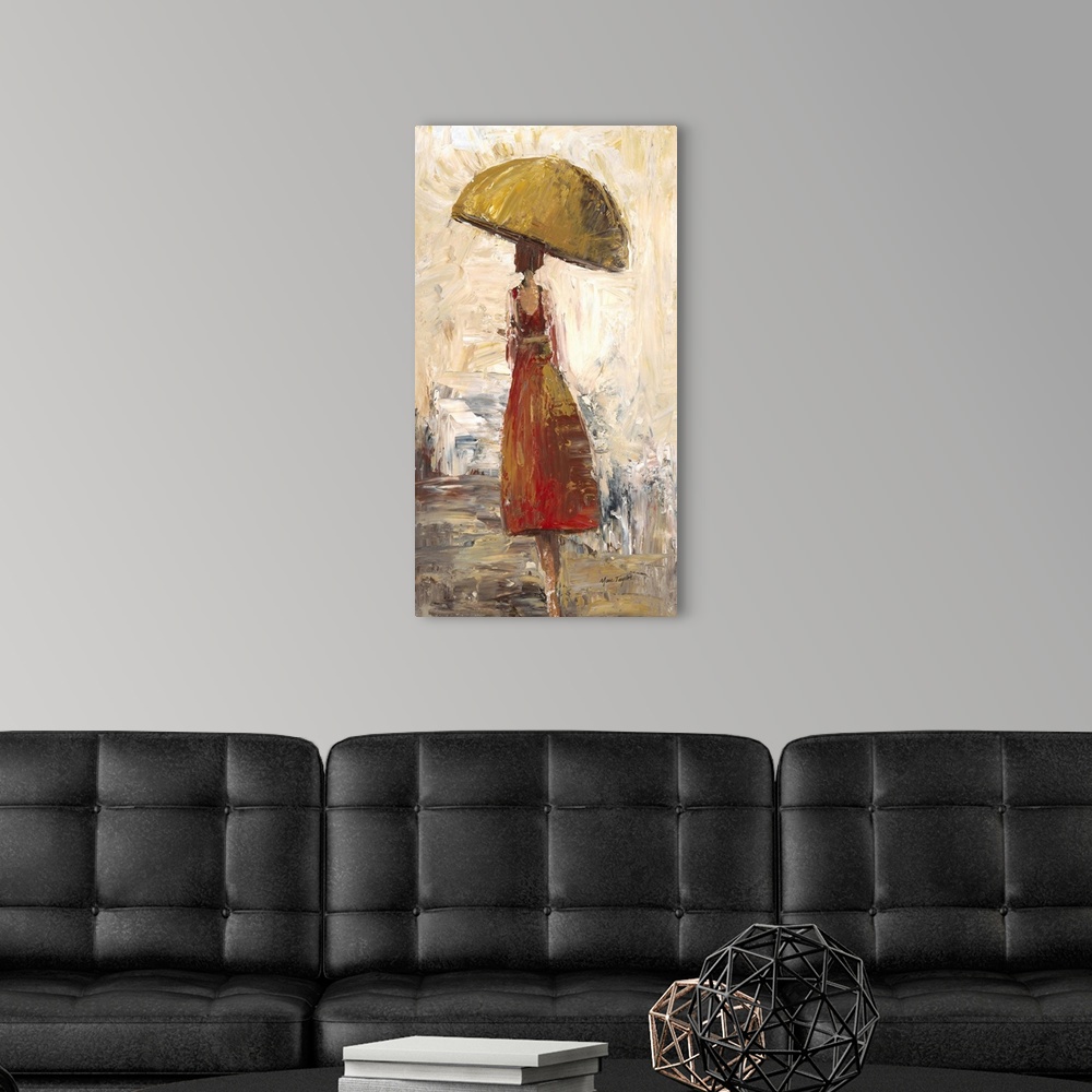A modern room featuring Contemporary painting of a woman in a red dress walking under a yellow umbrella.