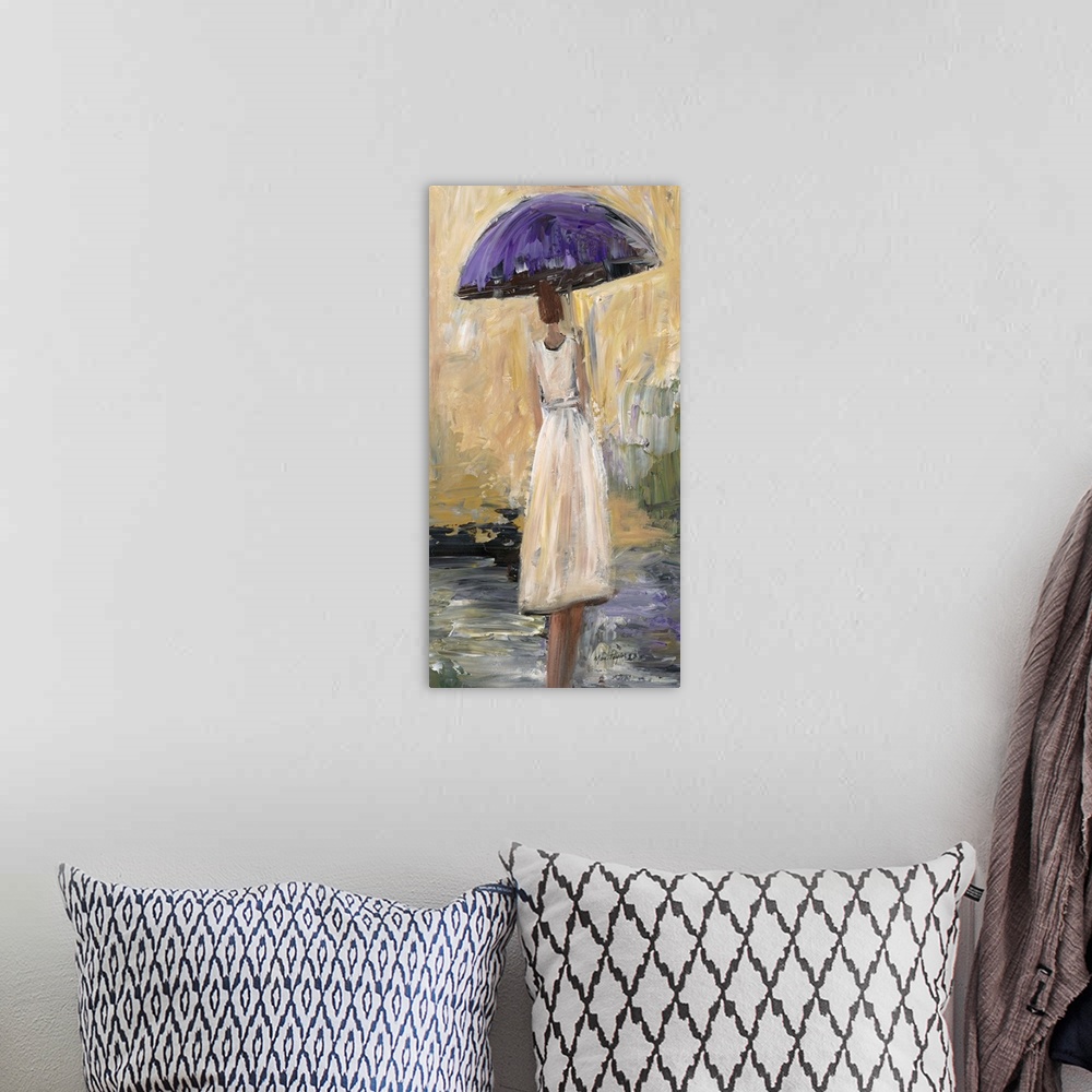 A bohemian room featuring Contemporary painting of a woman in a white dress walking under a purple umbrella.