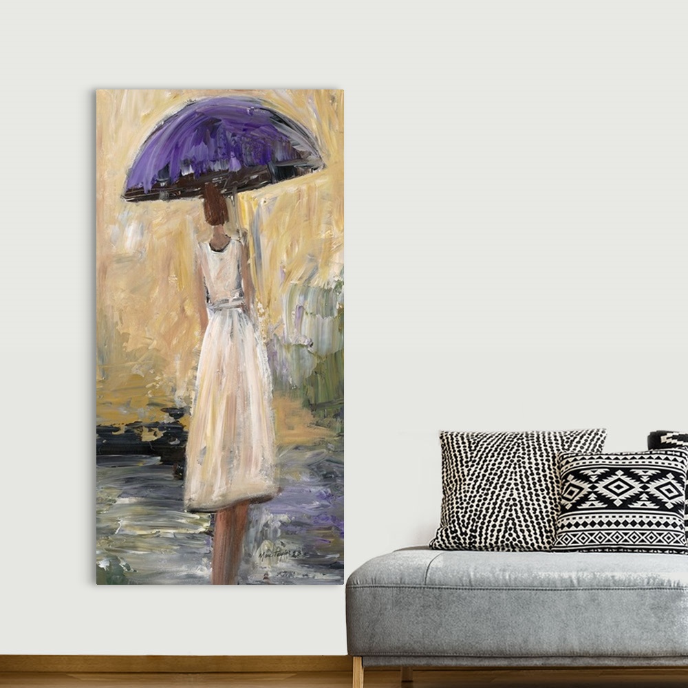 A bohemian room featuring Contemporary painting of a woman in a white dress walking under a purple umbrella.