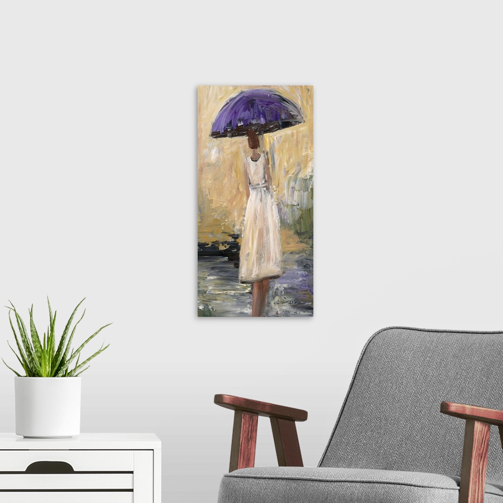 A modern room featuring Contemporary painting of a woman in a white dress walking under a purple umbrella.
