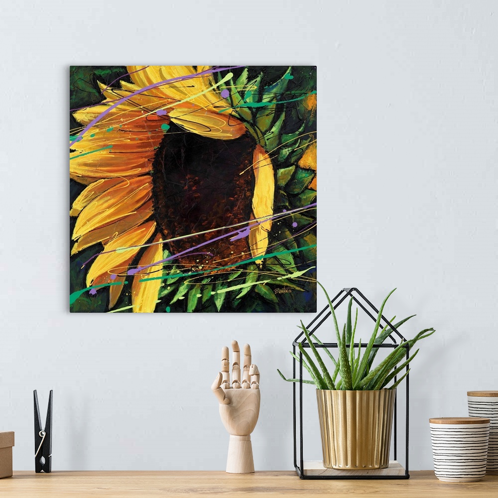 A bohemian room featuring Contemporary close-up painting of a vibrant yellow sunflower.