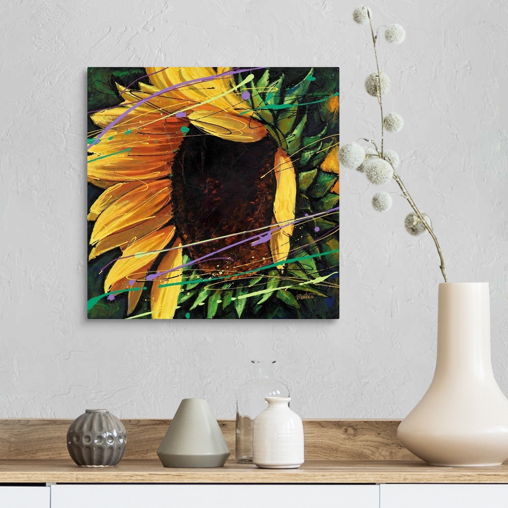 A farmhouse room featuring Contemporary close-up painting of a vibrant yellow sunflower.
