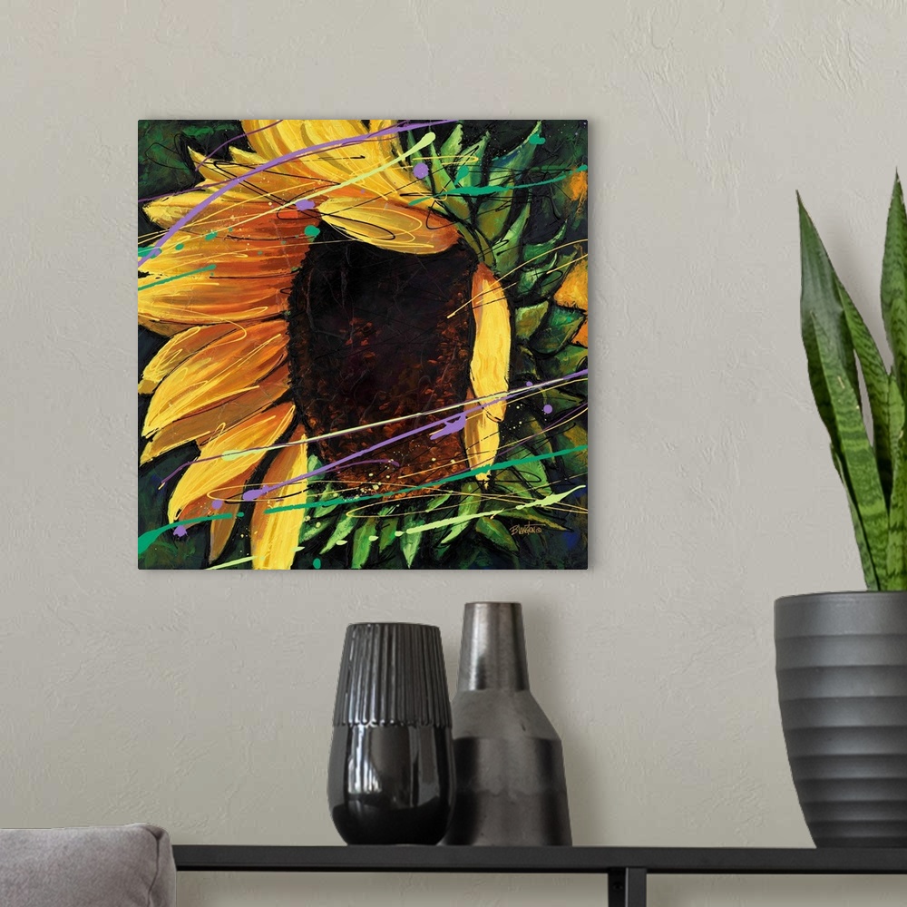 A modern room featuring Contemporary close-up painting of a vibrant yellow sunflower.