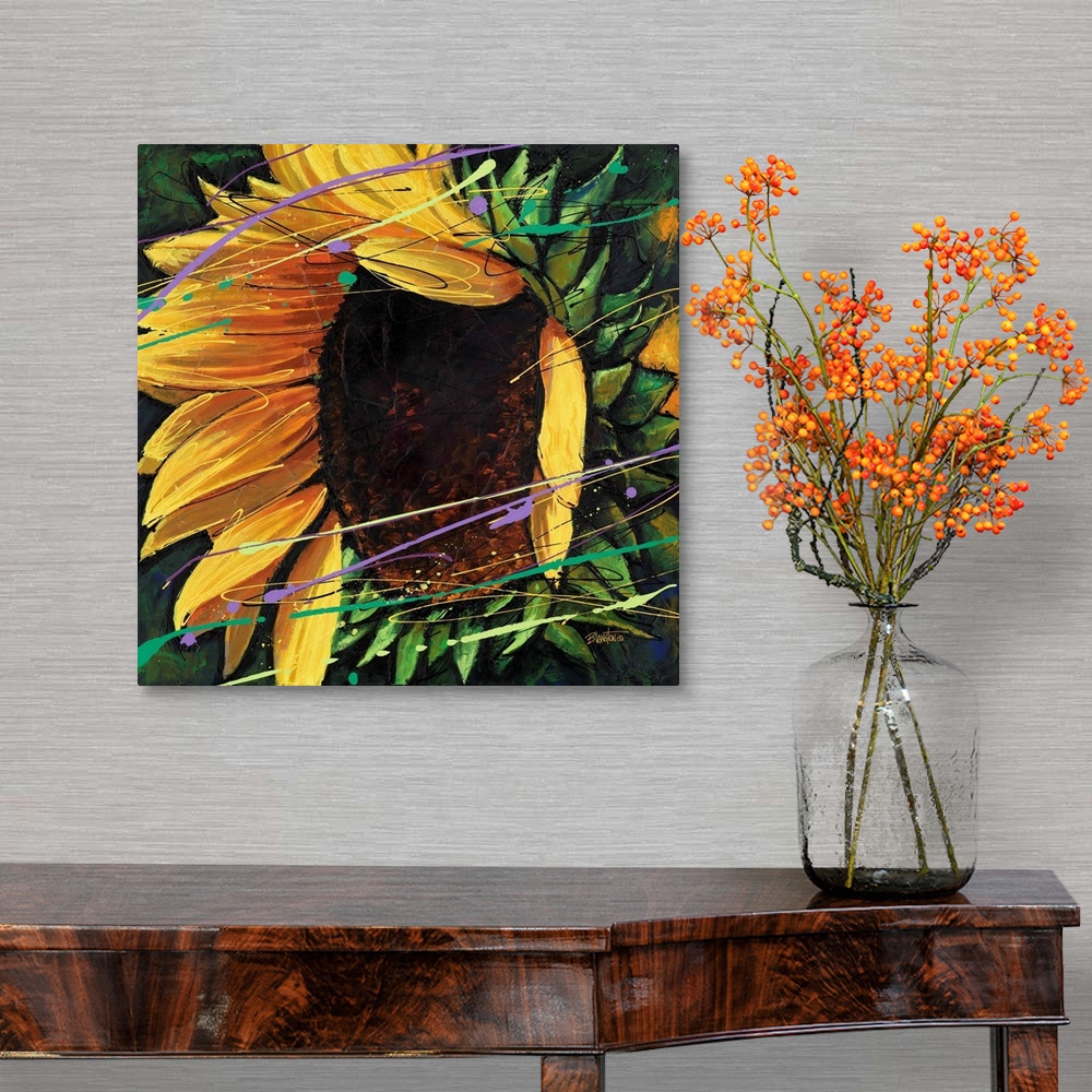 A traditional room featuring Contemporary close-up painting of a vibrant yellow sunflower.