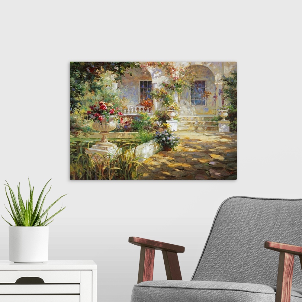 A modern room featuring Painting of a courtyard with arches and an urn full of flowers.