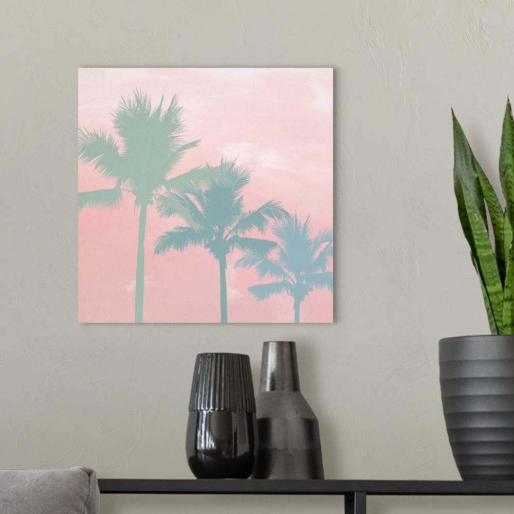 A modern room featuring Three palm trees in green and blue tones on a light pink background with white clouds.