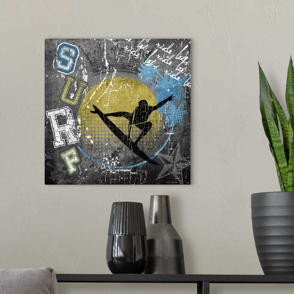 A modern room featuring Artwork with a grunge rock feel, with surfing theme.