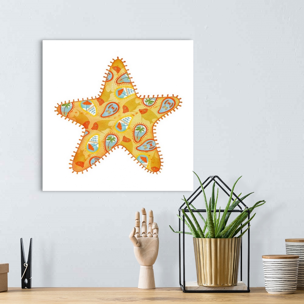 A bohemian room featuring Watercolor painting of a yellow and orange starfish with Summer themed illustrations all over.