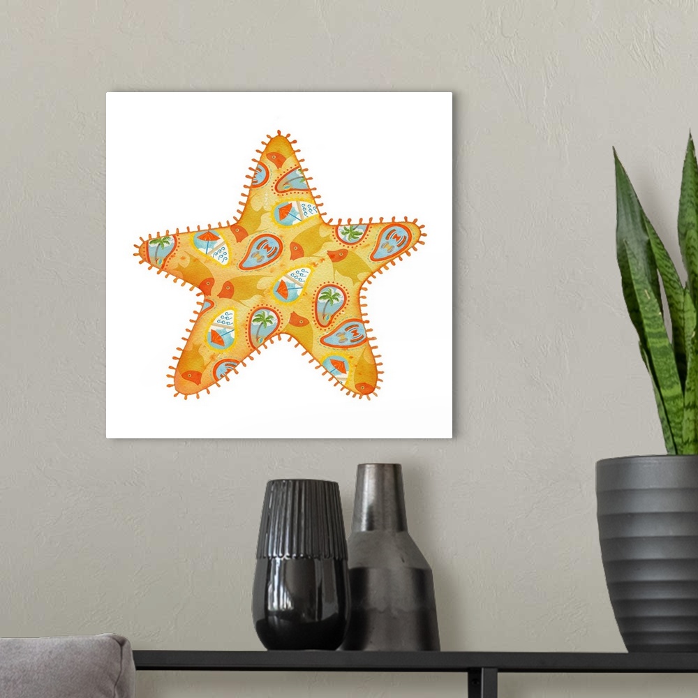 A modern room featuring Watercolor painting of a yellow and orange starfish with Summer themed illustrations all over.