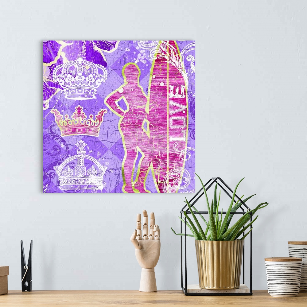 A bohemian room featuring Fun and colorful surfer art perfect for any teen girl's room.