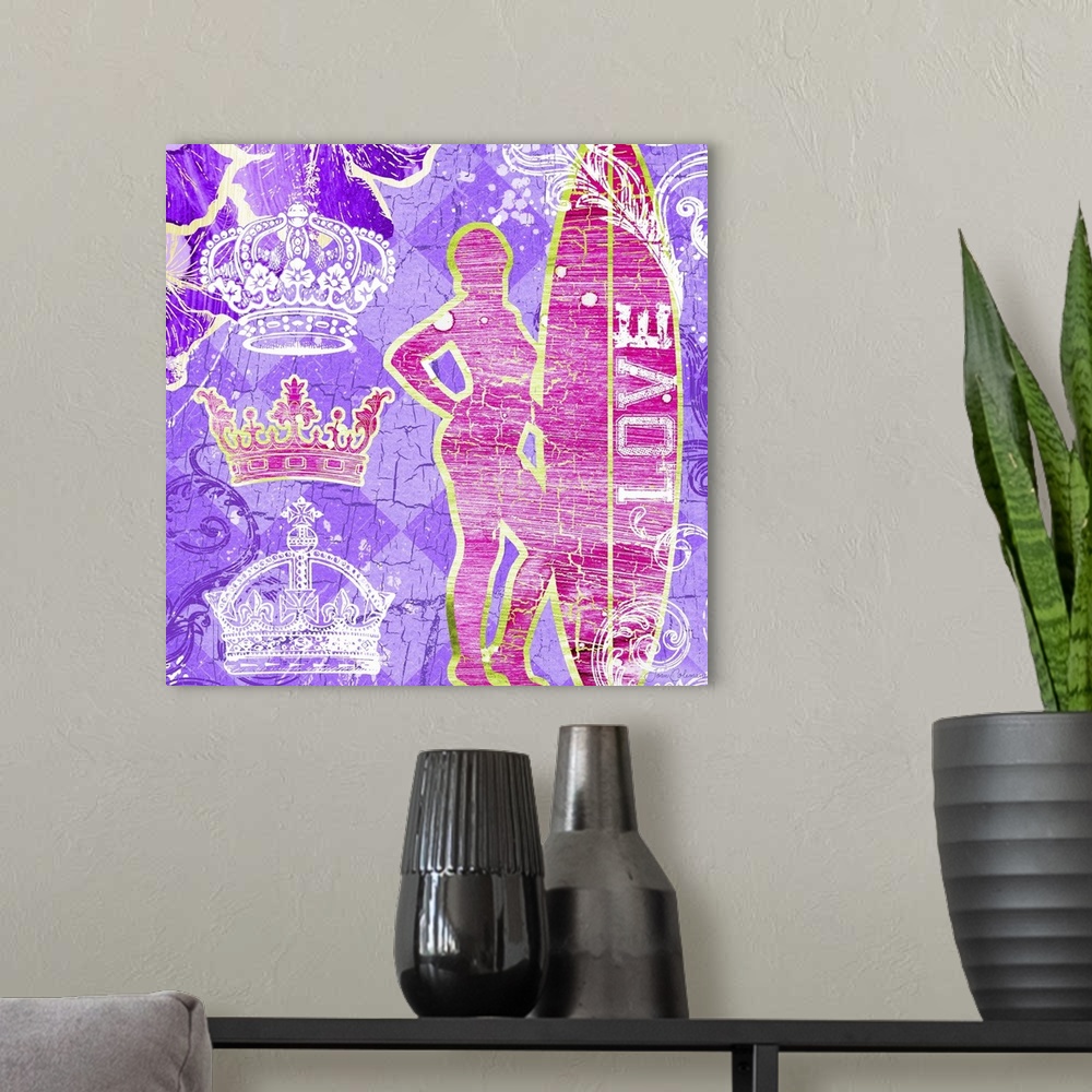 A modern room featuring Fun and colorful surfer art perfect for any teen girl's room.